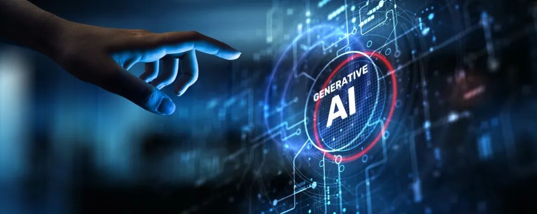 A hand pointing to a projected display with the word Generative AI.